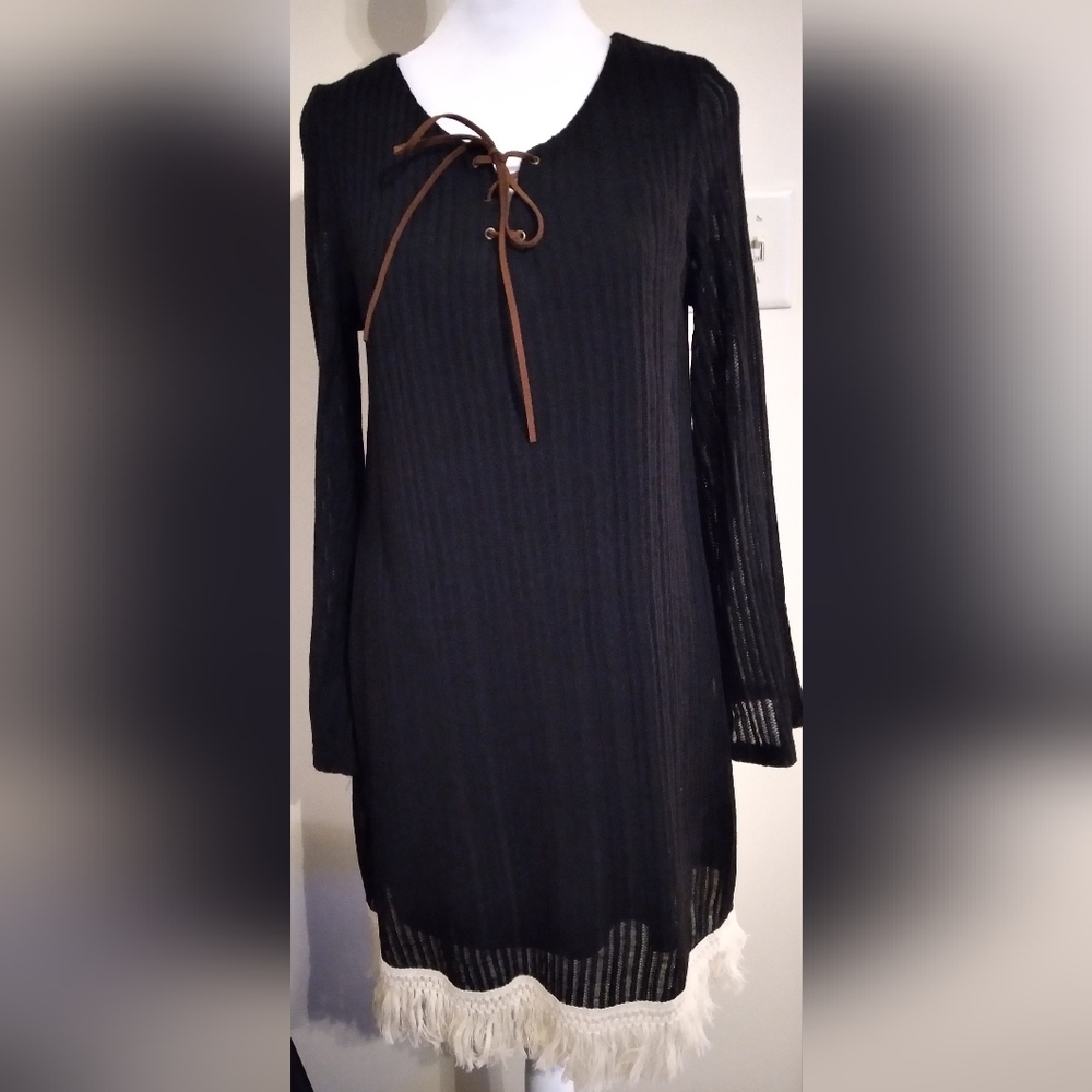 Boho Black Fringe Dress Ya Los Angeles Women's Size Small